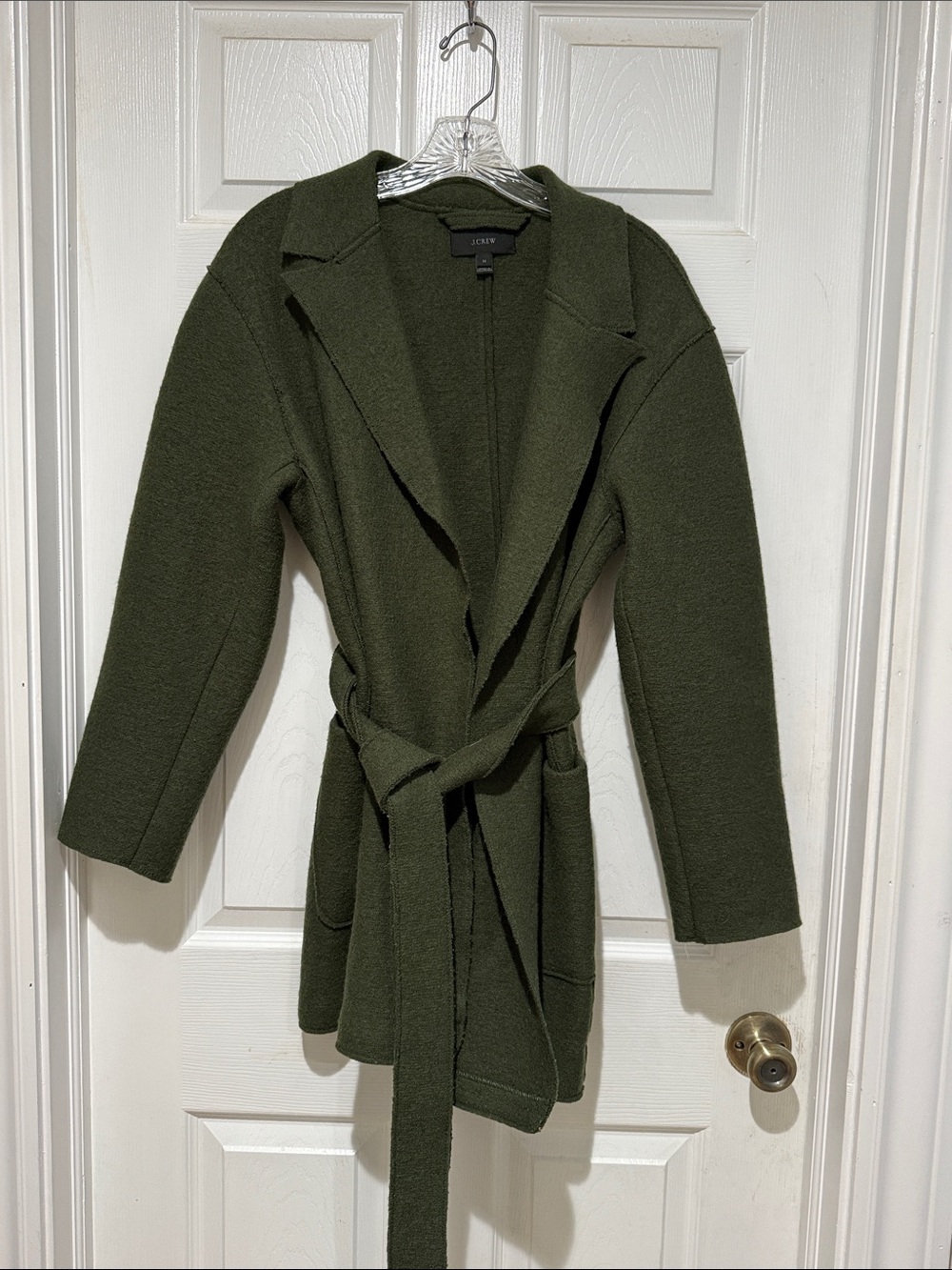 J. Crew 100% Wool Olive Wrap Trench Coat with Tie Waist